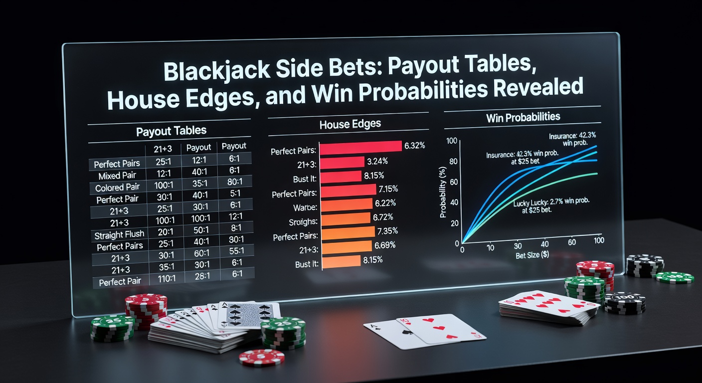 Blackjack tafel met diverse side bet opties zoals Perfect Pairs en 21+3, spelers plaatsen extra inzetten naast de hoofdhand