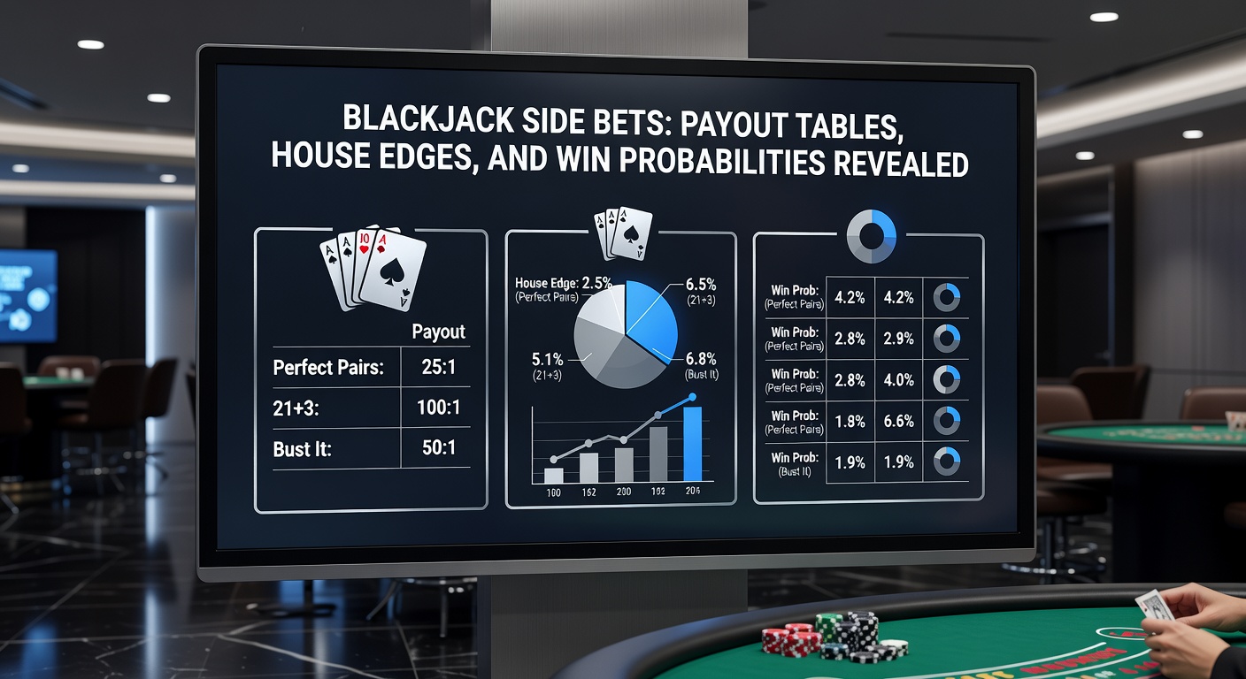 Grafiek met house edges en waarschijnlijkheden voor populaire blackjack side bets, inclusief Perfect Pairs en 21+3