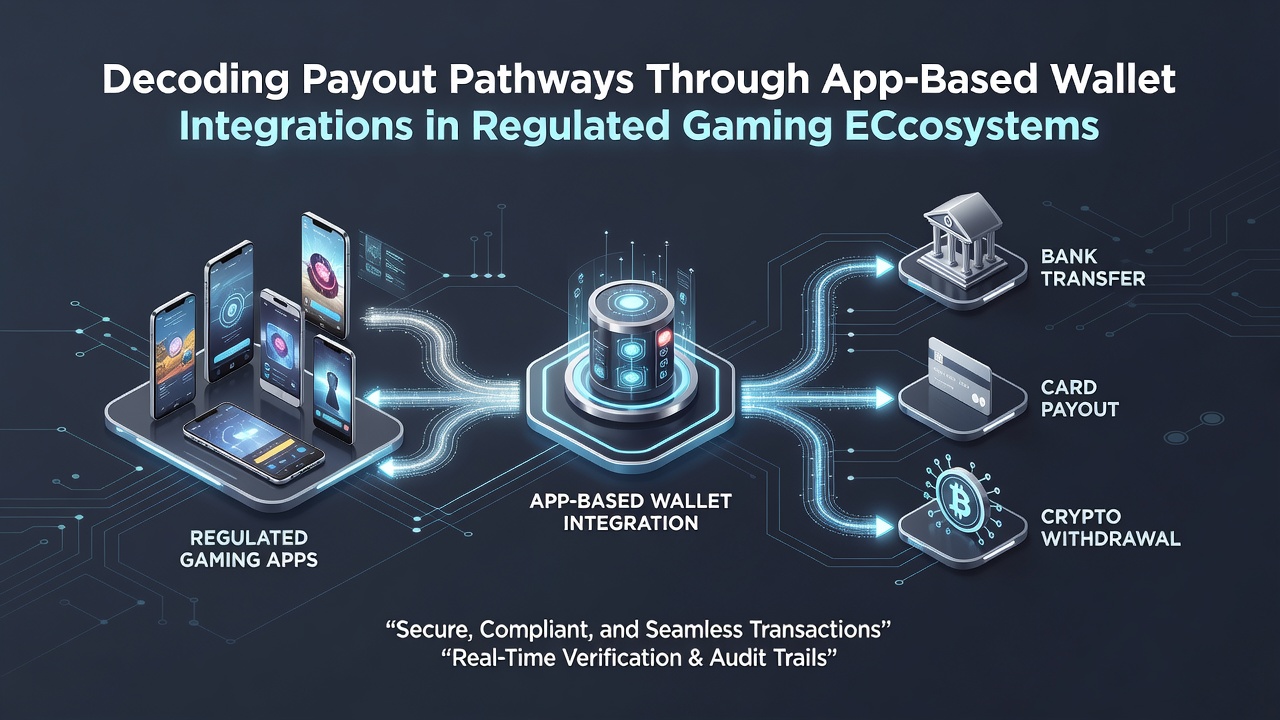 Diagram van uitbetalingsroutes via app-wallets met pijlen die beveiligde verbindingen tussen spelers en operators tonen
