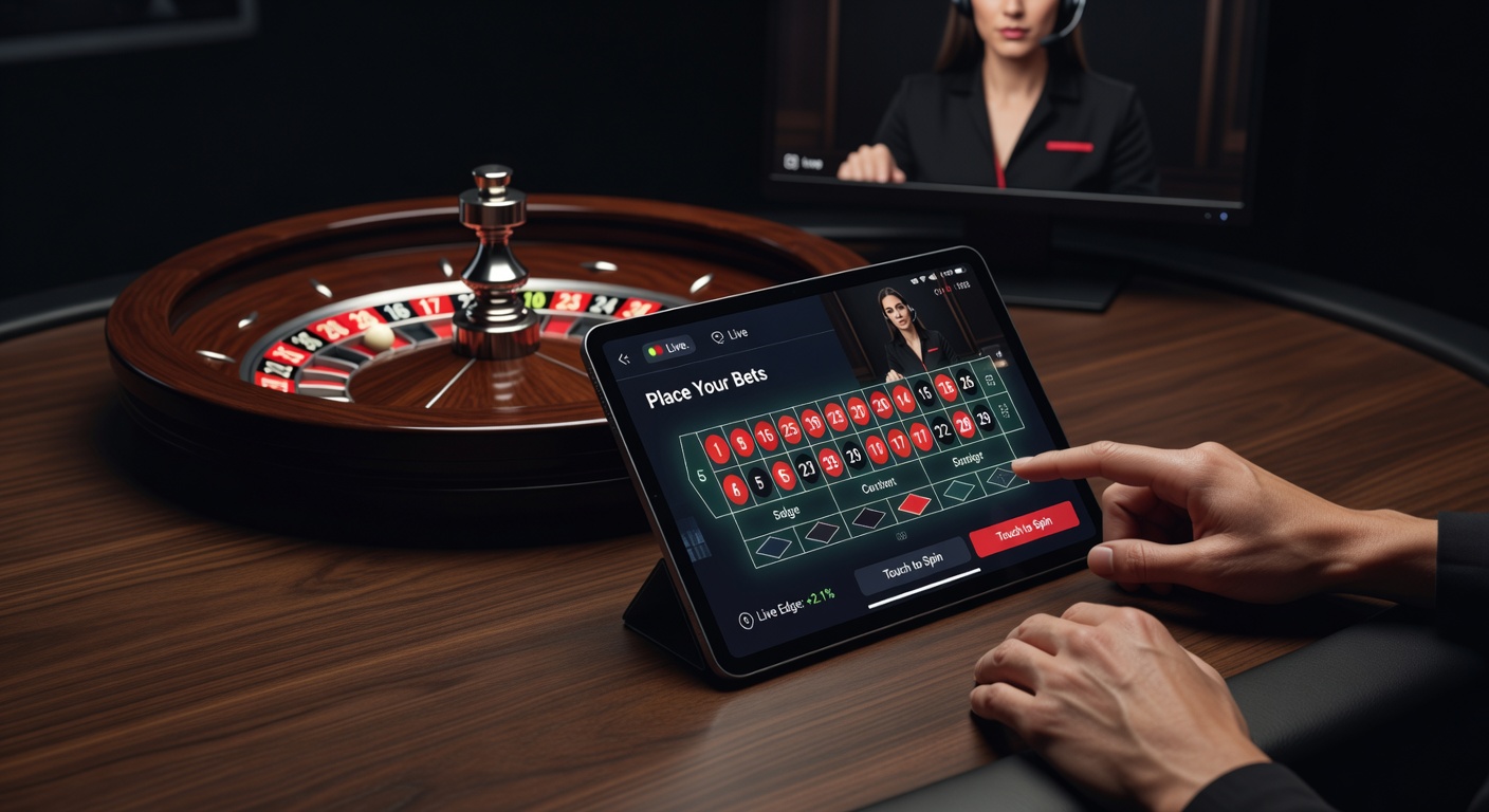 Mobiele live roulette sessie met touchscreen inzetten op een smartphone, dealer zichtbaar op achtergrond