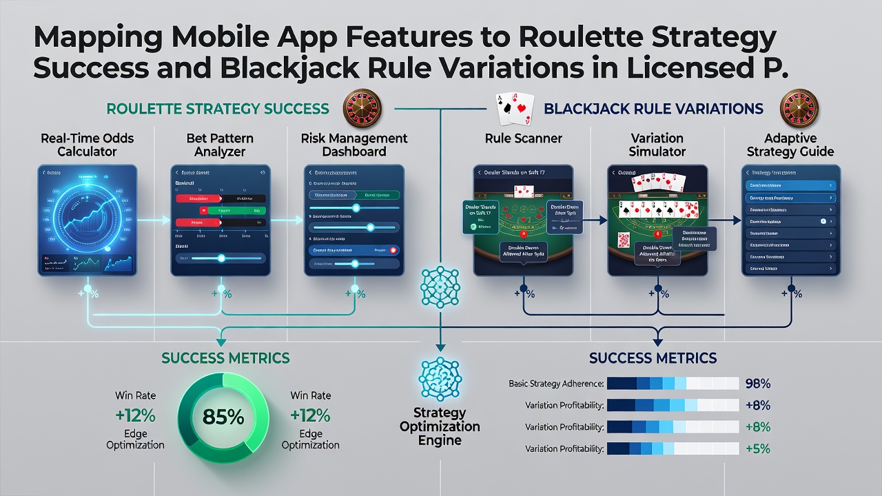 Grafische weergave van blackjack-regelvariaties en roulette-statistieken in een mobiele app