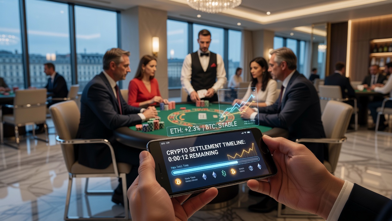 Illustratie van een speler die live blackjack speelt op een mobiel apparaat met crypto transactie indicatoren