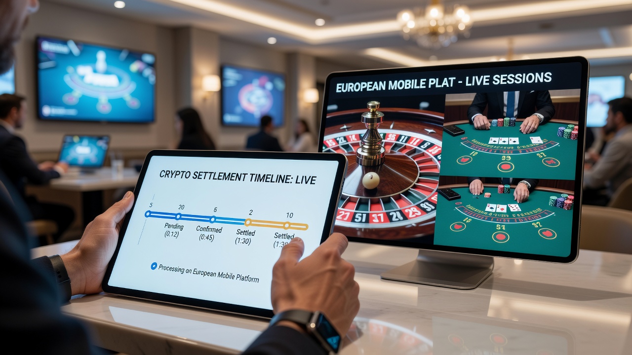 Weergave van mobiele interface met live tafelspel en crypto wallet integratie indicatoren