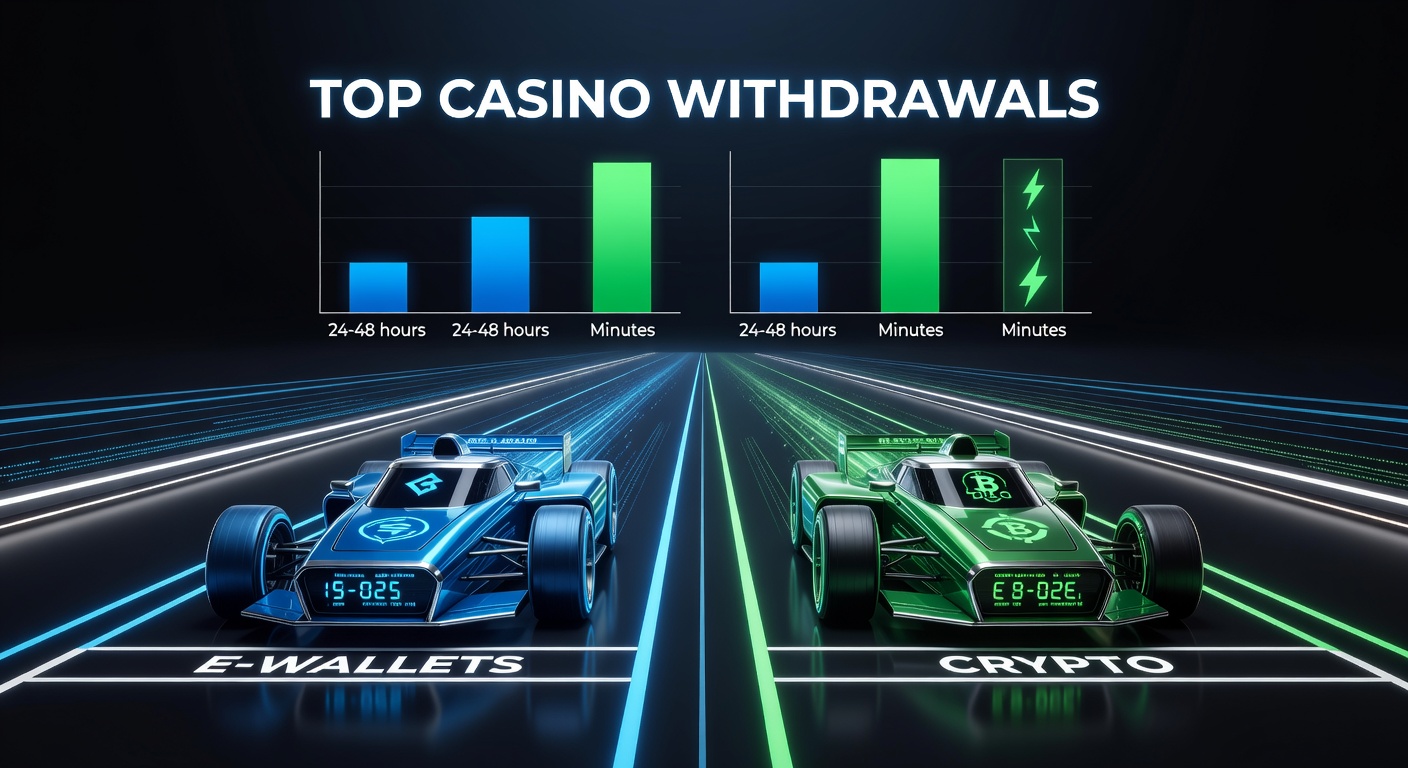 Schermafbeelding van een casino-dashboard met crypto- en e-wallet opties voor uitbetaling, inclusief tijdindicaties en fees