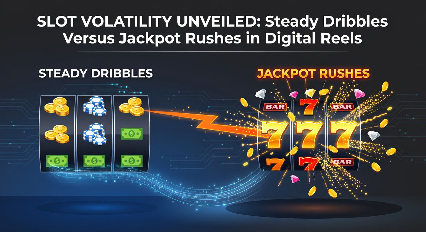 Grafiek die lage en hoge volatiliteit in slots vergelijkt, met voorbeelden van winpatronen op digitale rollen